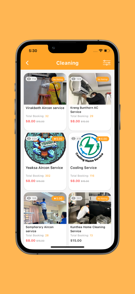 Orkun App - Home Services - Orkun App interface displaying a list of air conditioning and home cleaning service providers with ratings and booking prices
