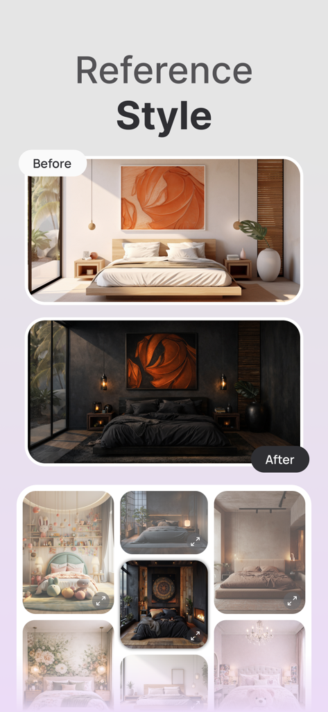 Rediseño de dormitorio de antes y después usando estilos de referencia de IA en la aplicación Housify