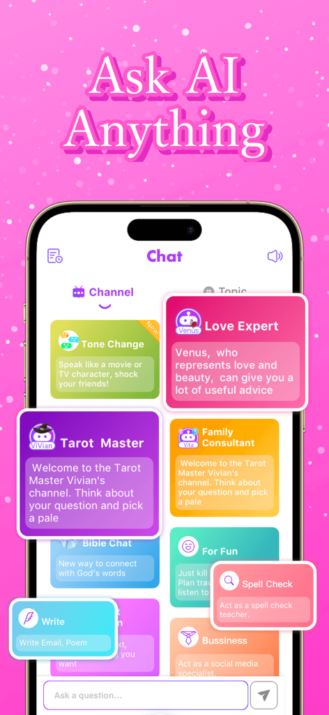 ViVi Keyboard app screen showing AI chatbot personalities like Love Expert and Tarot Master