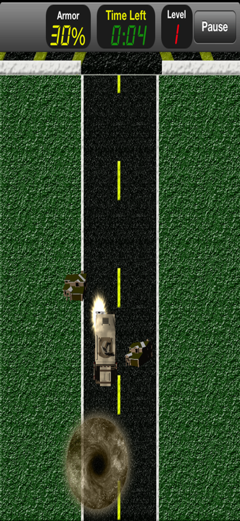 Tornado Alley Attack - A storm chasing vehicle driving away from a tornado in the Tornado Alley Attack mobile game.