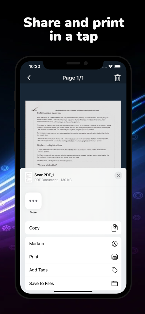 スキャンされたドキュメントの共有と印刷オプションを表示する最高のPDFスキャナーアプリのiPhoneスクリーンショット