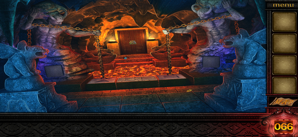 A mystery puzzle scene in a dark cavern with lava and stone statues