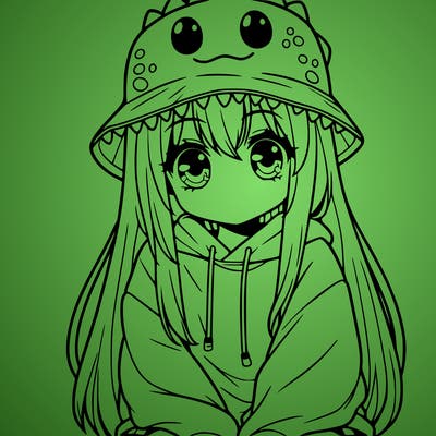 girl with anime shaped eyes with a dinosaur bucket hat oversized sweatshirt long straight hair