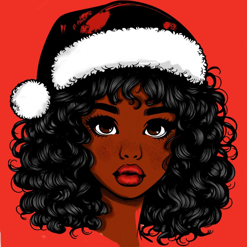 realistic girl with a santa hat curly hair and lips
