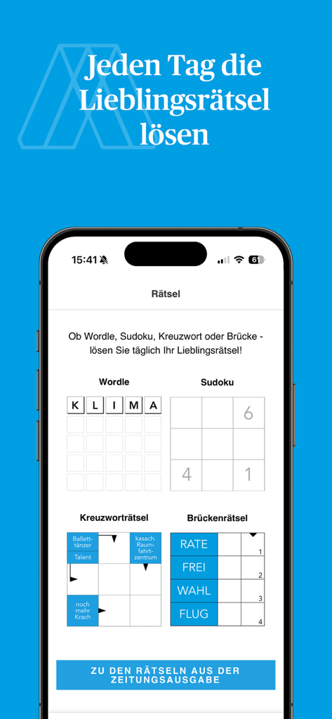 Tägliche Rätsel-Sektion der Aachener Zeitung E-Paper App mit Wordle und Sudoku-Spielen.
