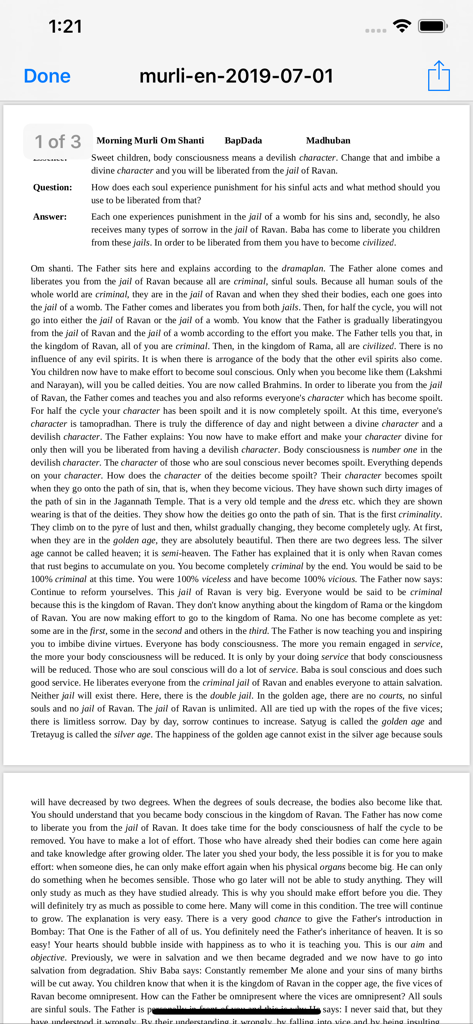 Daily spiritual discourse document in English from the Madhuban Murli app