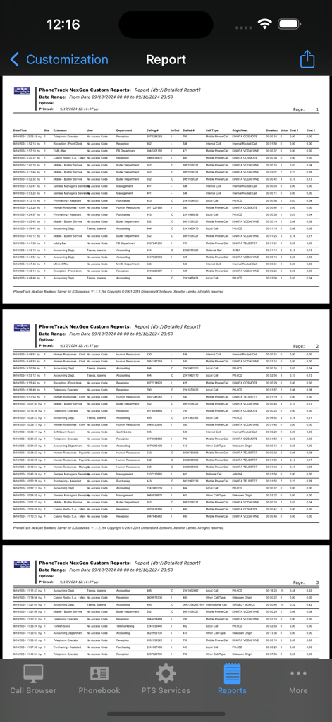 PhoneTrack NexGen Mobile - A detailed call accounting report showing call records and costs across multiple business sites on the PhoneTrack NexGen mobile app.