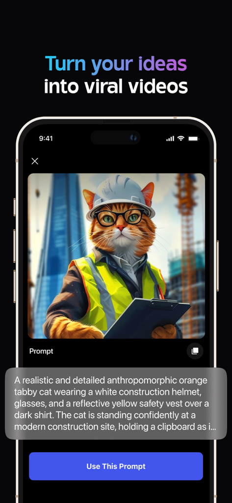 Ein iPhone-Bildschirm, der ein KI-generiertes Bild einer Katze mit Bauhelm und Sicherheitsweste zeigt, darunter eine Textaufforderung.