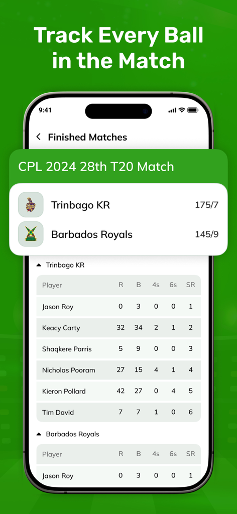 Live Cricket TV HD : IPL 2025 - Cricket app screen showing match results between Trinbago KR and Barbados Royals with detailed player statistics.