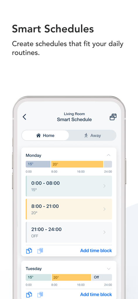 tado° - The tado app smart schedule screen showing daily heating routines and temperature blocks