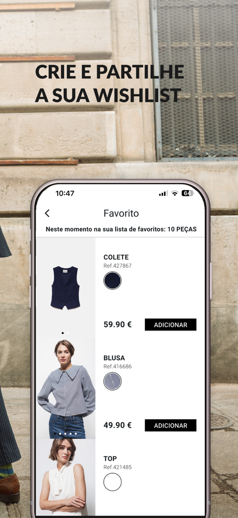 Lanidor para iPhone - Lanidor mobile app screen displaying a wishlist of women's fashion items including a vest and a blouse