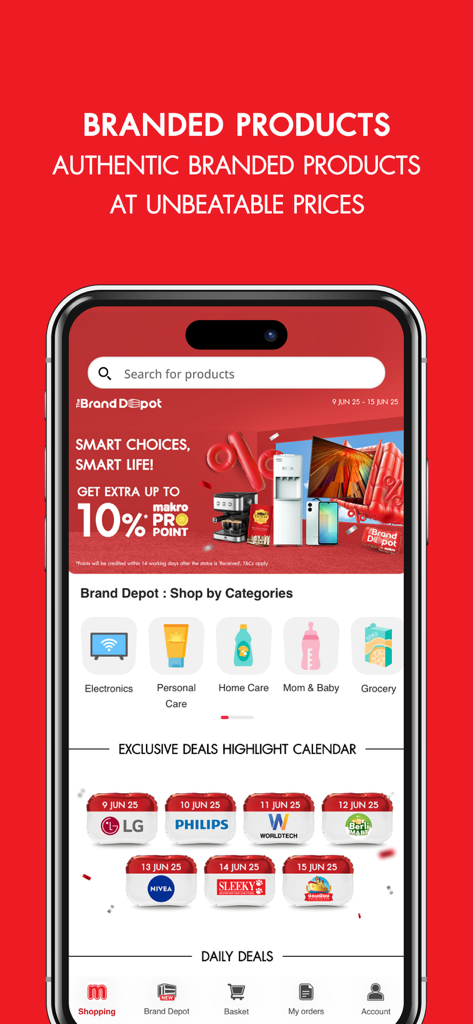 Schermata dell'app mobile Makro PRO che mostra categorie di prodotti di marca e un calendario di promozioni esclusive