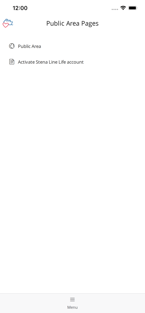 Stena Line Life - Stena Line Life企業アプリのインターフェース。パブリックエリアのナビゲーションオプションとアカウントのアクティベーションが表示されています。