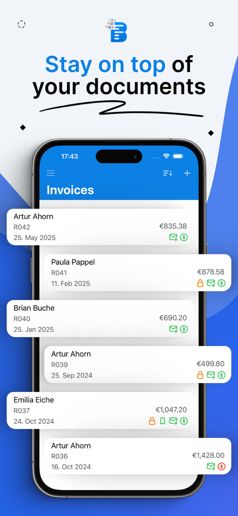 Interfaz de la aplicación BillMore en un smartphone que muestra una lista de facturas comerciales profesionales con nombres de clientes e importes.