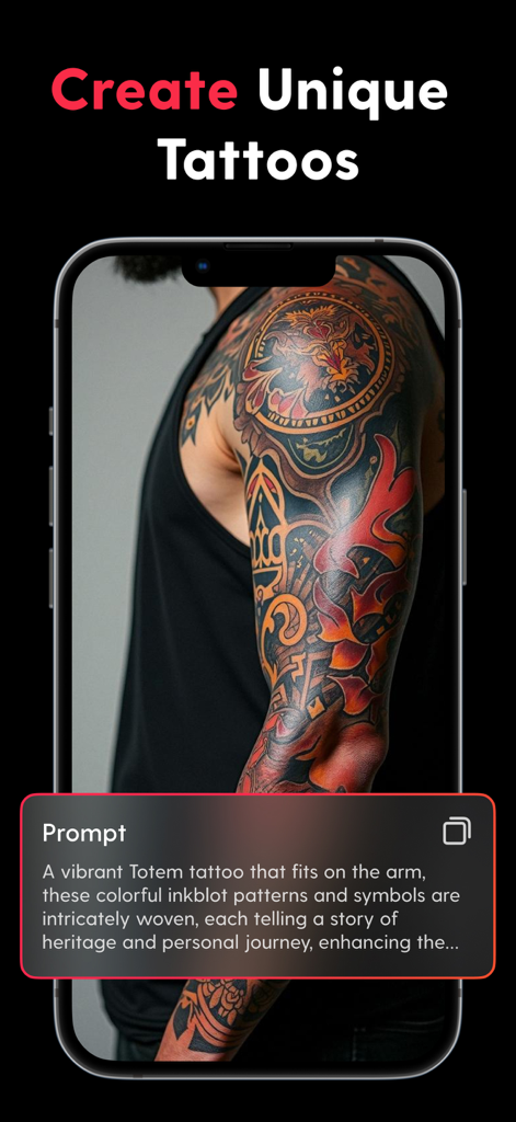 AI Tattoo - Ink Tattoo Creator - AI Tattoo Ink Creator app interface showing a unique vibrant totem tattoo design on an arm