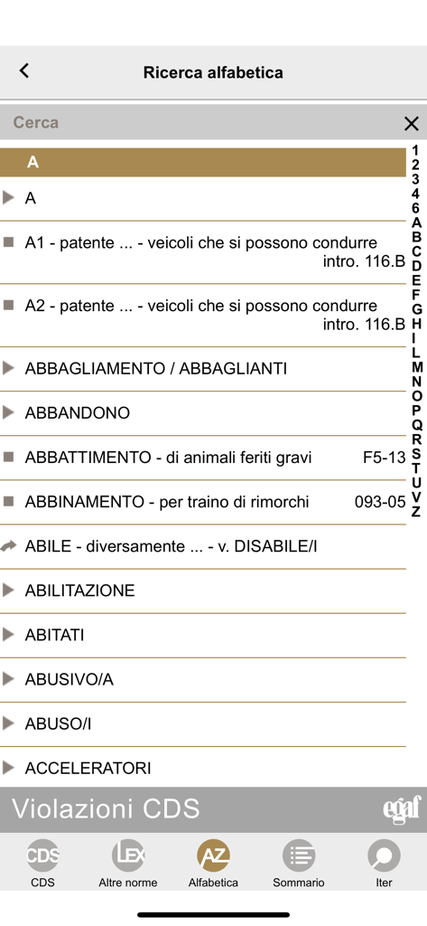 Violazioni CDS - Alphabetical search interface for Italian traffic law violations in the Violazioni CDS app.