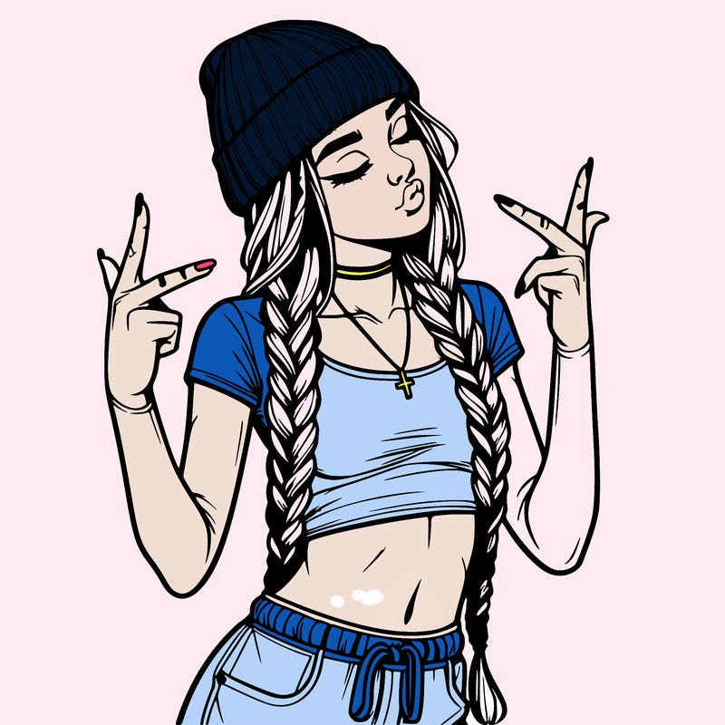 realistic teenage girl with braids and a beanie and crop top doing 🫶🏼