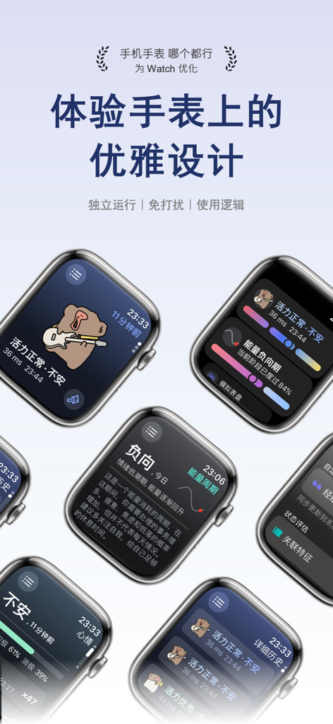 A collection of Apple Watch faces displaying the AMood app mood and energy tracking features with character-themed aesthetics