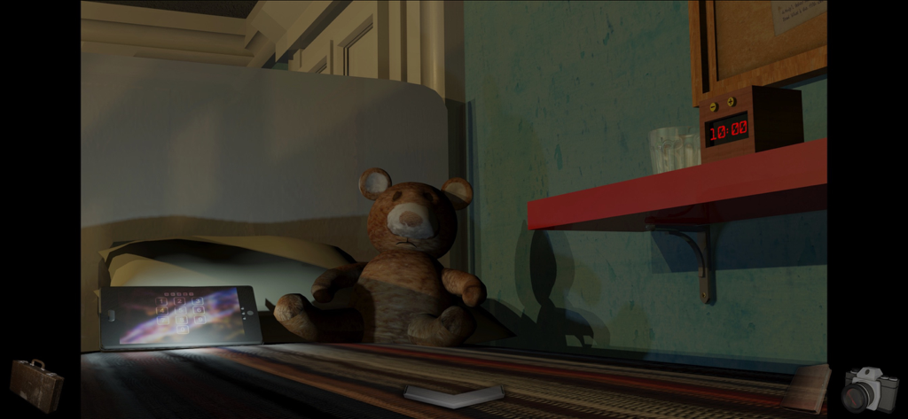 A Short Tale - First person view of a bedroom with a teddy bear and a locked phone on a bed