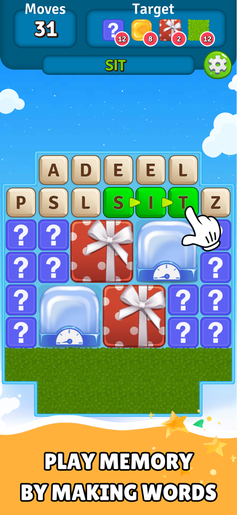 Alphabet Scape: Find Words! - A hand selects letters to form the word SIT in the Alphabet Scape mobile game