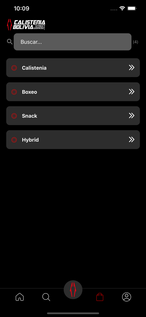 Calistenia Company - Interfaz de la aplicación Calistenia Company que muestra categorías de entrenamiento como Calistenia, Boxeo, Snack y entrenamiento Híbrido.