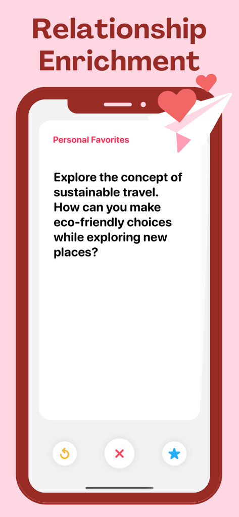 Couple Quiz: Relationship Game - A mobile app screen showing a relationship enrichment conversation starter about sustainable travel and eco-friendly choices.