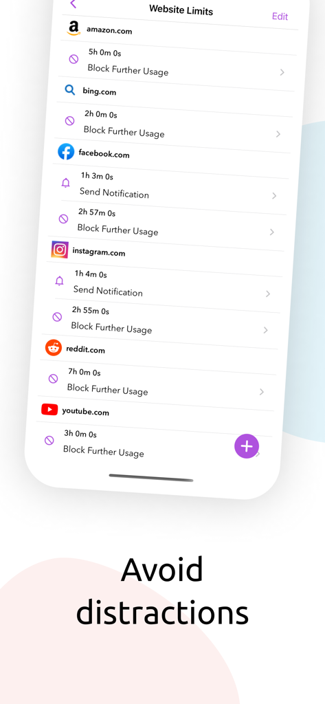 StayFree - Block Apps & Sites - Interfaz de la aplicación StayFree mostrando límites de tiempo para sitios web y configuraciones de bloqueo para redes sociales y sitios de compras para evitar distracciones.