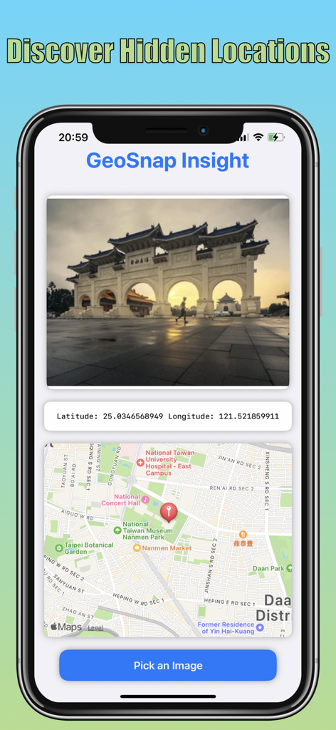 GeoSnap Insight - GeoSnap Insight app interface showing a photo of a monument with its predicted latitude and longitude coordinates and location on a map