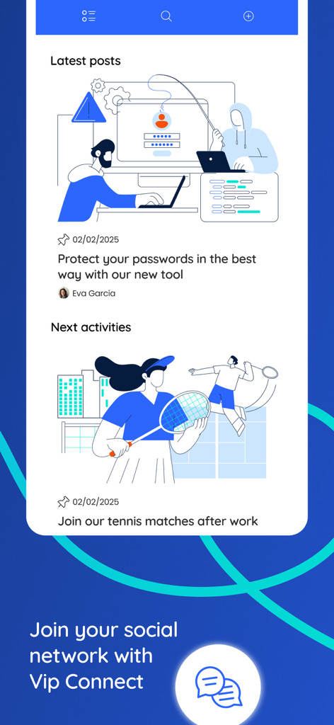 Vip District - Vip District app interface showing corporate news and employee social activities