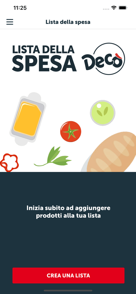 Decò Multicedi - The shopping list feature screen in the Deco Multicedi app showing a button to create a new list.