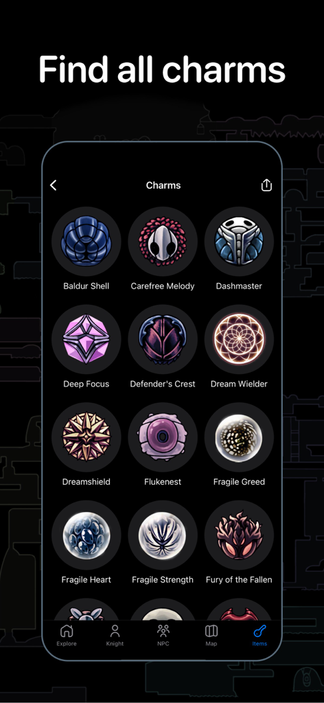 A list of game charms with icons and names in the Hollow Knight guide app