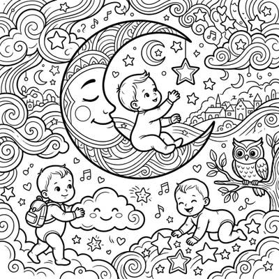 Mark the magical journey of baby's first steps and discoveries with this heartwarming night-time coloring page. Discover adorable babies reaching milestones amidst a whimsical landscape of moons, stars, and friendly clouds, perfect for a cozy coloring session.