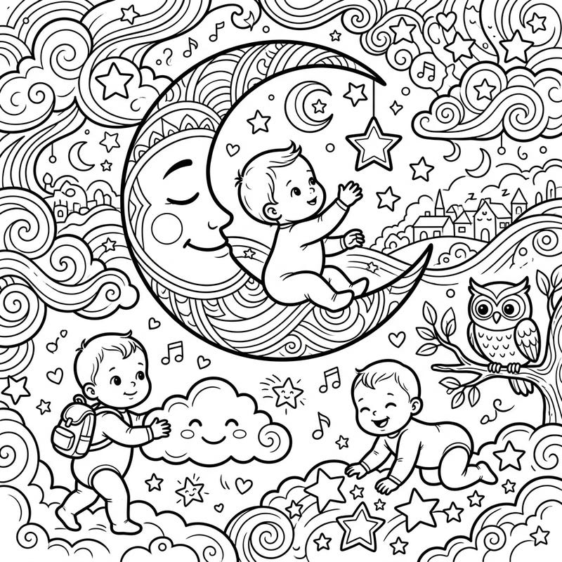 Mark the magical journey of baby's first steps and discoveries with this heartwarming night-time coloring page. Discover adorable babies reaching milestones amidst a whimsical landscape of moons, stars, and friendly clouds, perfect for a cozy coloring session.
