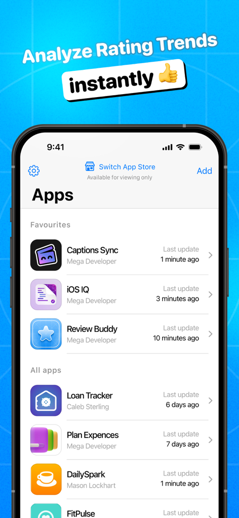 Review Buddy:ASO, switch store - Review Buddyダッシュボード。追跡中のアプリリストとそのASO分析のための最新の更新ステータスを表示しています