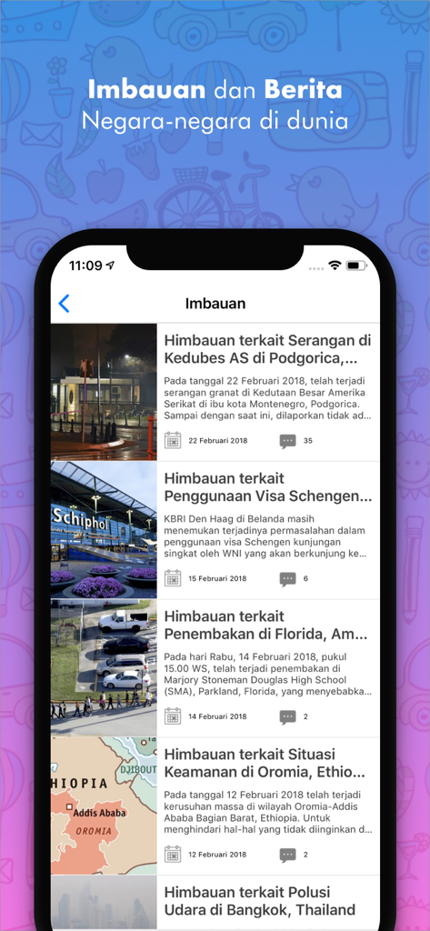 Safe Travel - Pantalla de la aplicación Safe Travel que muestra avisos de viaje globales y alertas de noticias para ciudadanos indonesios.