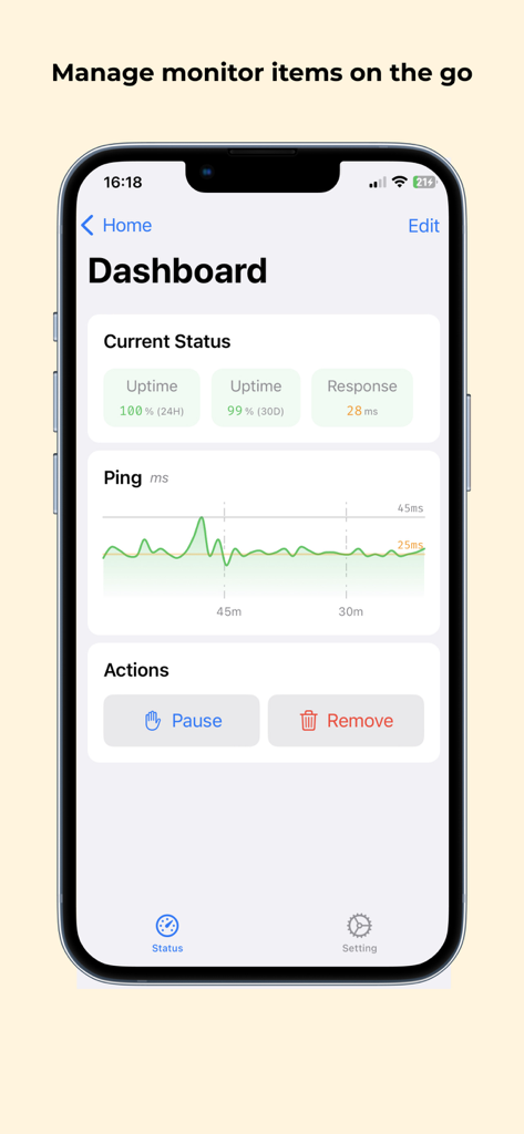 Uptime Kuma Manager - Panel de control de Uptime Kuma Manager mostrando porcentajes de actividad del servidor y un gráfico de latencia de tiempo de respuesta en un iPhone