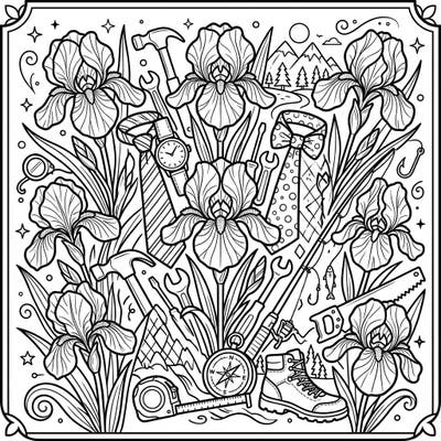 Dive into a unique Father's Day coloring experience featuring beautiful blue irises intertwined with symbols of appreciation for dad. This intricate design offers a thoughtful and creative way to celebrate the special fathers in your life.