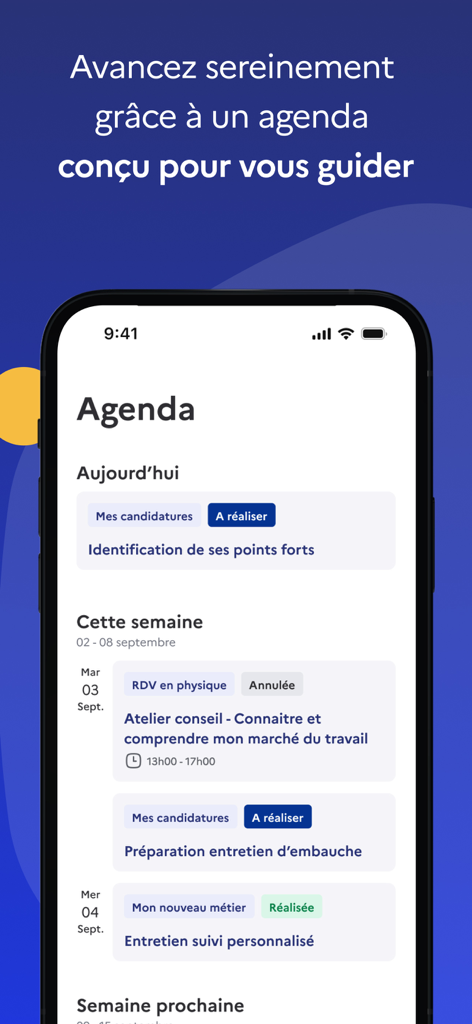 Parcours Emploi France Travail - Mobile app interface showing a job search agenda with scheduled workshops and interviews