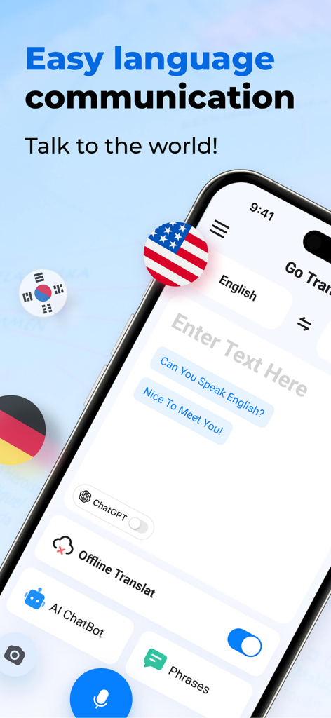 Interfaccia dell'app mobile Go Translate che mostra la selezione della lingua e le funzionalità di traduzione AI.