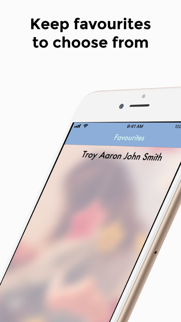 Baby Names Generator - ベビーネームジェネレーターアプリのお気に入りセクションが表示されたモバイル画面で、保存された名前の例が表示されています。