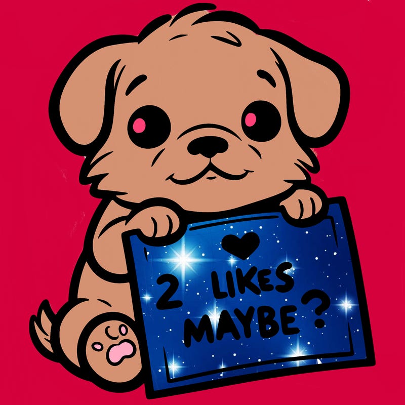 a puppy holding a sign that says 2 likes maybe?