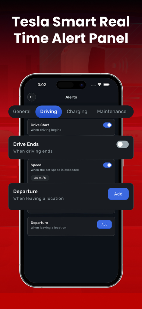 Tesla App – Elvee - Un smartphone que muestra el panel de alertas en tiempo real de la aplicación Tesla Elvee con ajustes de notificaciones de conducción.