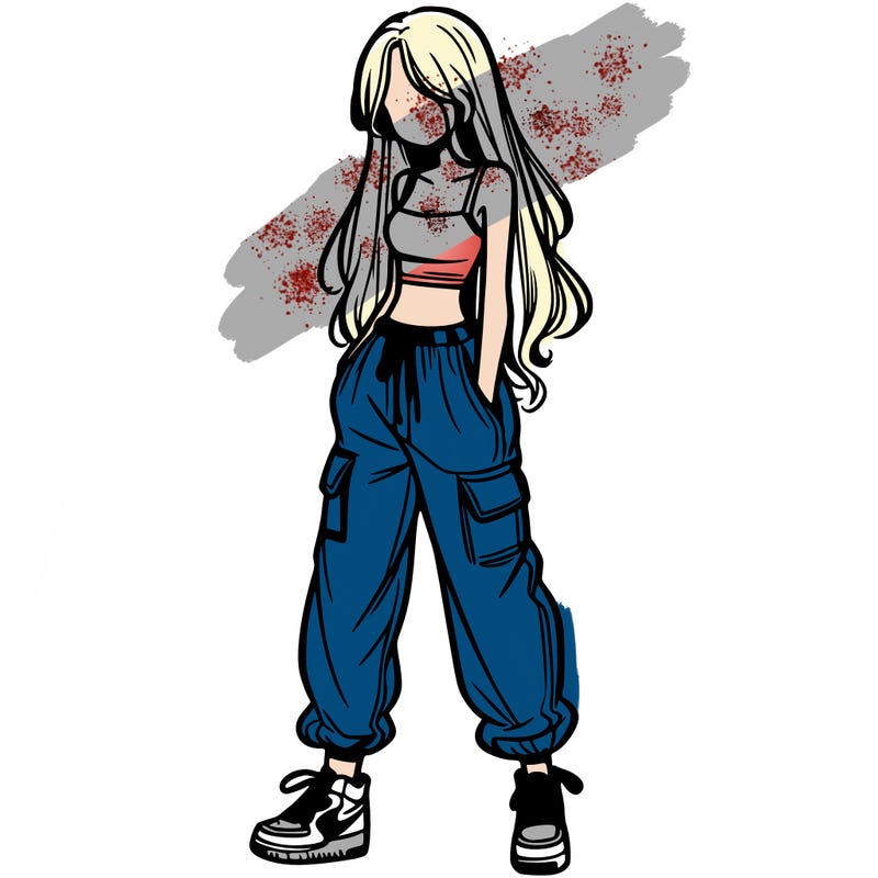 girl in baggy pants crop top and long hair
