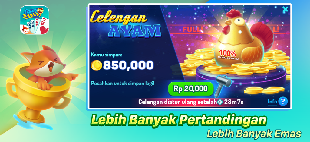 Promotion for Celengan Ayam piggy bank feature in Capsa Banting ZingPlay showing gold coins and a golden chicken mascot