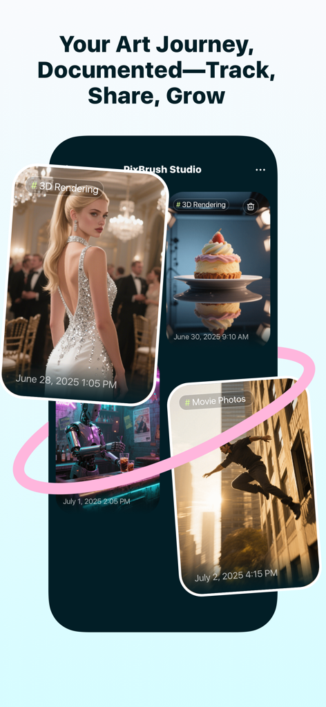 Pixura - Pantalla de la aplicación Pixura que muestra un portafolio curado de diversos estilos de arte generados por IA