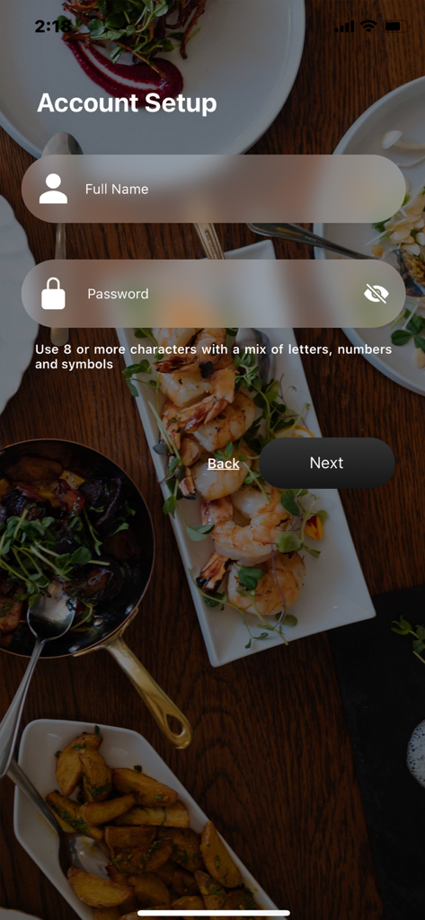Easy App Myanmar - Account setup screen for Easy App Myanmar with name and password input fields over a food background
