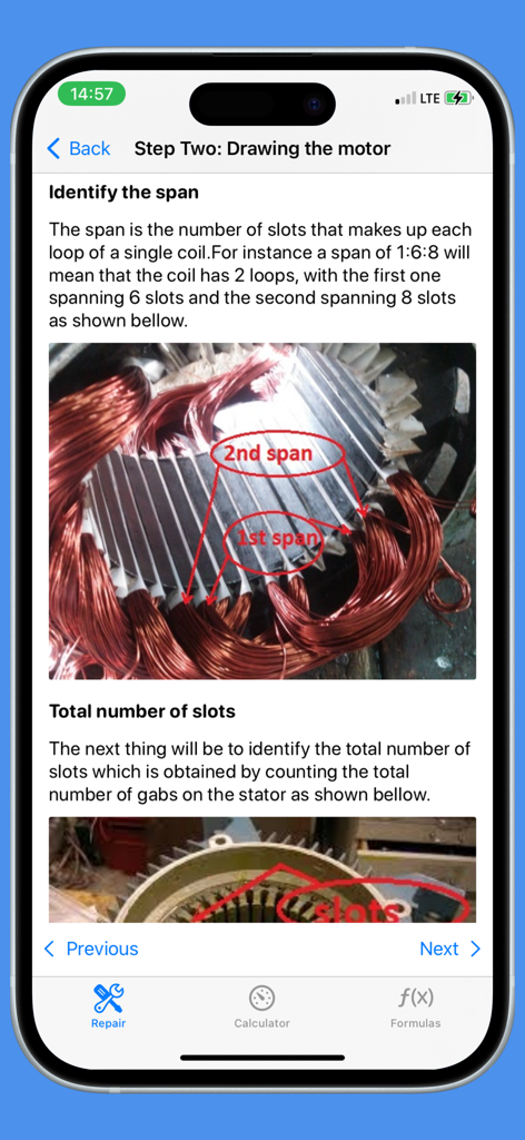 Motor Repair - Tela de tutorial do aplicativo Reparo de Motores explicando como identificar vãos de bobina e contar ranhuras do estator em um motor elétrico.