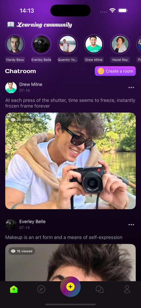 Crystal app interface showing the learning community feed with user posts and chatroom options.