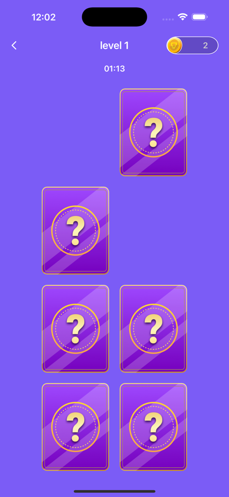 Yanidube - Gameplay screenshot of Yanidube memory card game at level 1 featuring purple cards with question marks