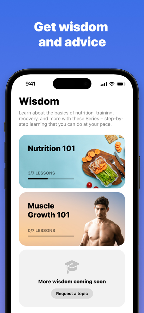 Fit.AI: ultra personal fitness - Fit.AI app interface displaying educational fitness and nutrition lessons.